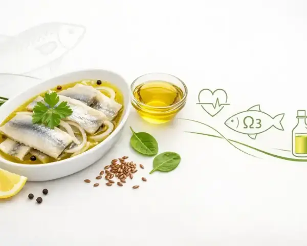 Śledzie w oleju, bogate w Omega-3, są zdrowe dla serca. Na talerzu śledzie z cebulą, cytryną i ziołami.