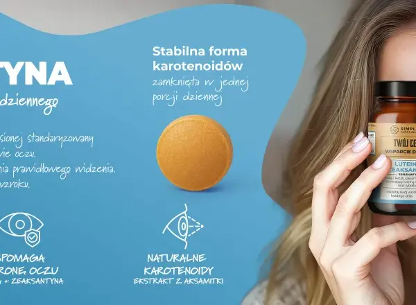 Uśmiechnięta kobieta trzyma suplement diety z luteiną i zeaksantyną, wspierający zdrowie oczu.