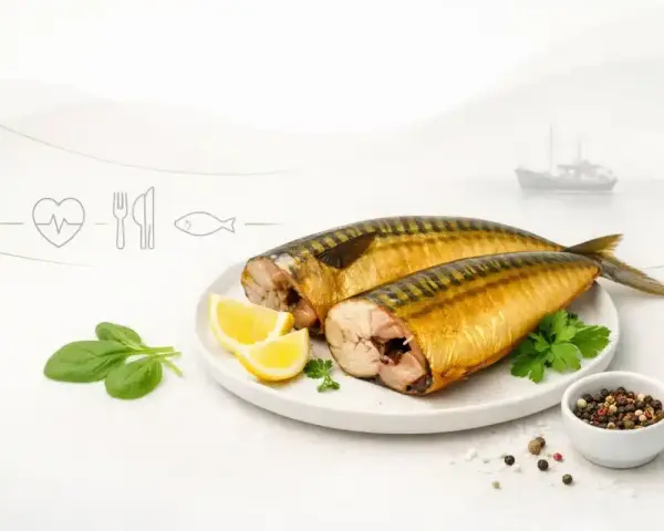 Dwie wędzone makrele z cytryną i przyprawami. Czy makrela wędzona jest zdrowa? Tak, to pyszne i zdrowe źródło kwasów omega-3.
