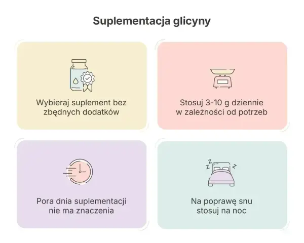 Glicyna co to? Wybieraj suplement bez dodatków, stosuj 3-10g dziennie. Pora dnia nie ma znaczenia, ale na sen najlepiej przyjmować ją na noc.