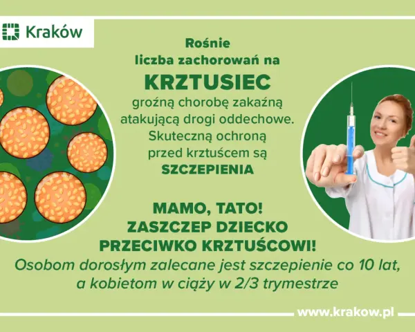 Grafika informuje o wzroście zachorowań na krztusiec. Zaleca szczepienia jako skuteczną ochronę. Pielęgniarka z uśmiechem pokazuje strzykawkę.