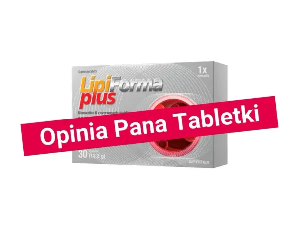Opakowanie suplementu diety LipiForma plus z monakoliną K. Na pierwszym planie czerwony pas z napisem "Opinia Pana Tabletki".
