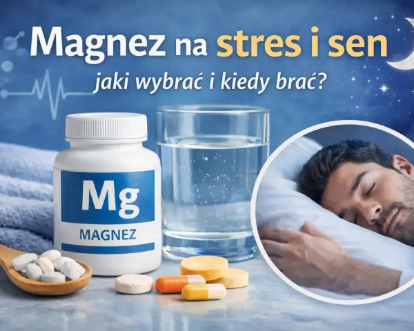 Magnez z witaminą B6 na stres i sen. Butelka magnezu, szklanka wody i śpiący mężczyzna.