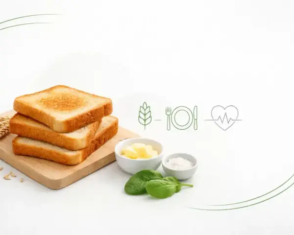 Stos tostowy, masło, sól, szpinak i symbole zdrowia. Czy chleb tostowy jest zdrowy? Zależy od dodatków i sposobu przygotowania.