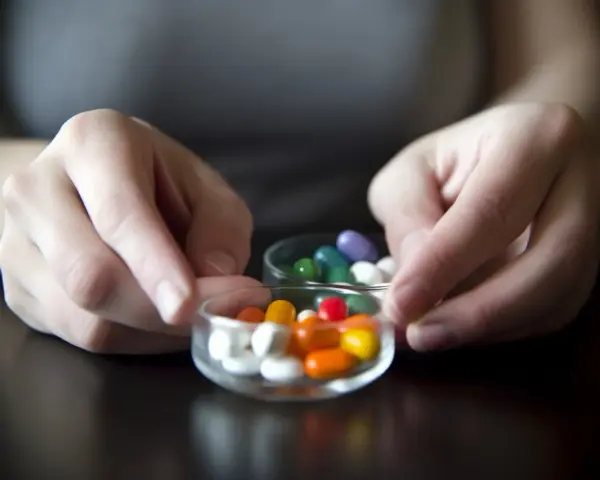 Dwie dłonie trzymają szklane miseczki z kolorowymi tabletki na schudnięcie.