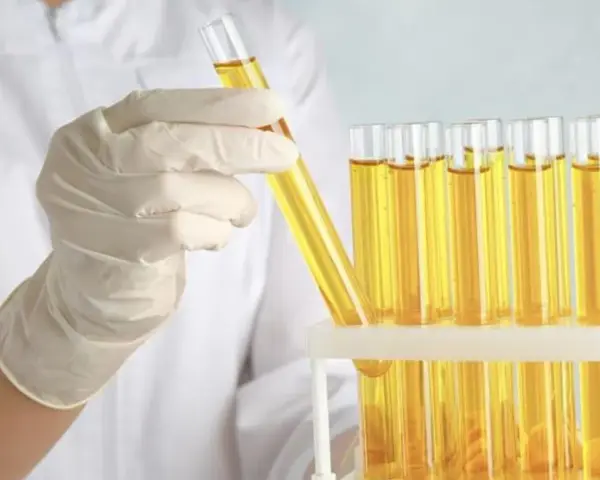 Ręka w rękawiczce laboratoryjnej trzyma probówkę z żółtym płynem. Obok stoi stojak z wieloma probówkami, zawierającymi ten sam płyn, być może roztwór cukru gronowego.