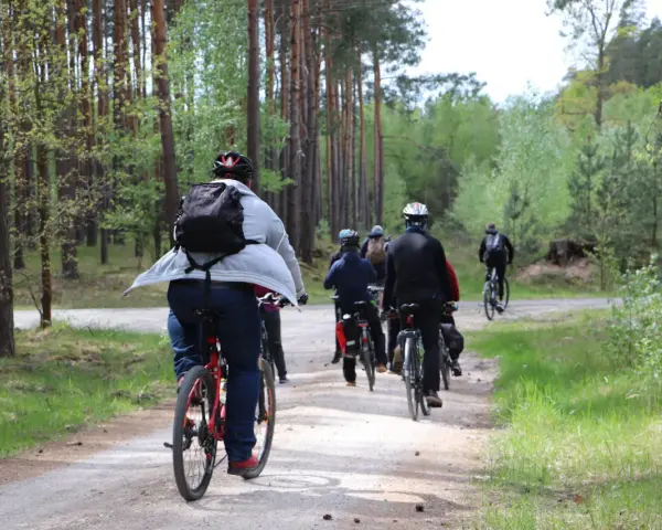 Grupa rowerzystów jedzie leśną ścieżką wśród drzew.