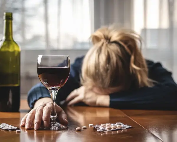 Kobieta z głową opartą na rękach, obok kieliszek czerwonego wina, butelka i opakowania leków, w tym Clexane. Alkohol i leki na stole.