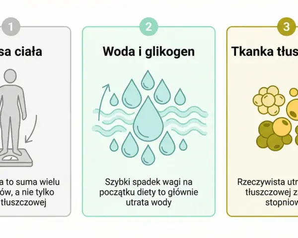 Masa ciała to suma składników, nie tylko tkanki tłuszczowej. Szybki spadek wagi to utrata wody, a rzeczywista utrata tkanki tłuszczowej w miesiąc zachodzi stopniowo.