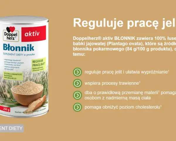 Doppelherz aktiv Błonnik z babki jajowatej reguluje pracę jelit. To naturalny błonnik pokarmowy, który wspomaga trawienie i ułatwia wypróżnianie.