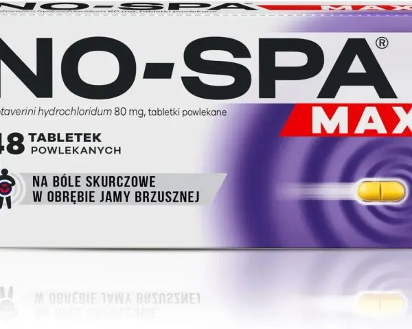 Opakowanie leku No-Spa Max na bóle skurczowe brzucha. Pomaga przy niestrawność objawy. 48 tabletek.