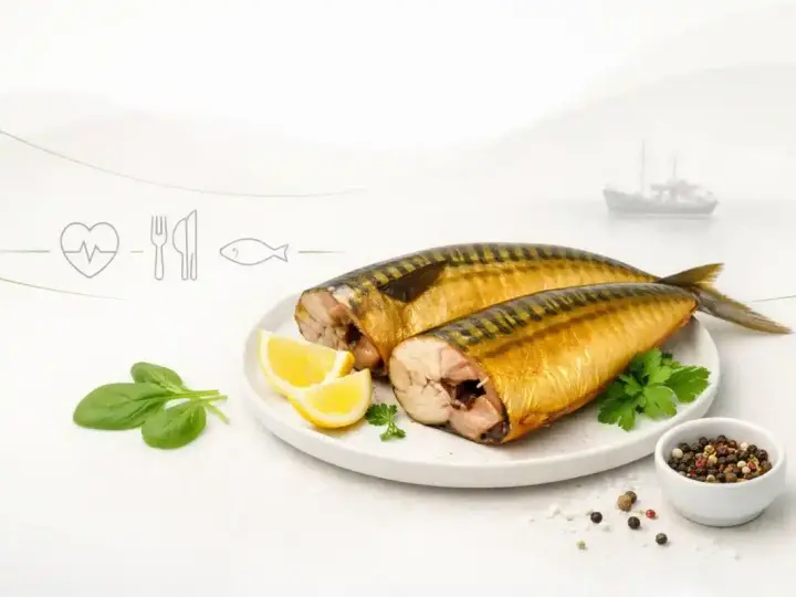 Dwie wędzone makrele z cytryną i przyprawami. Czy makrela wędzona jest zdrowa? Tak, to pyszne i zdrowe źródło kwasów omega-3.