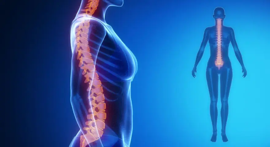 Anatomia kręgosłupa z widoczną lordozą lędźwiową spłyconą.