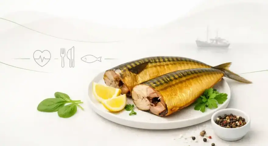 Dwie wędzone makrele z cytryną i przyprawami. Czy makrela wędzona jest zdrowa? Tak, to pyszne i zdrowe źródło kwasów omega-3.