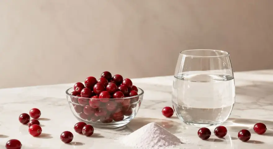 Kwas d mannoza w proszku, szklanka wody i miseczka żurawiny. Naturalne składniki na zdrowie.