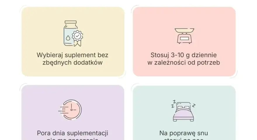Glicyna co to? Wybieraj suplement bez dodatków, stosuj 3-10g dziennie. Pora dnia nie ma znaczenia, ale na sen najlepiej przyjmować ją na noc.