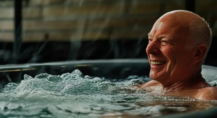 Uśmiechnięty starszy mężczyzna relaksuje się w wannie z hydromasażem.