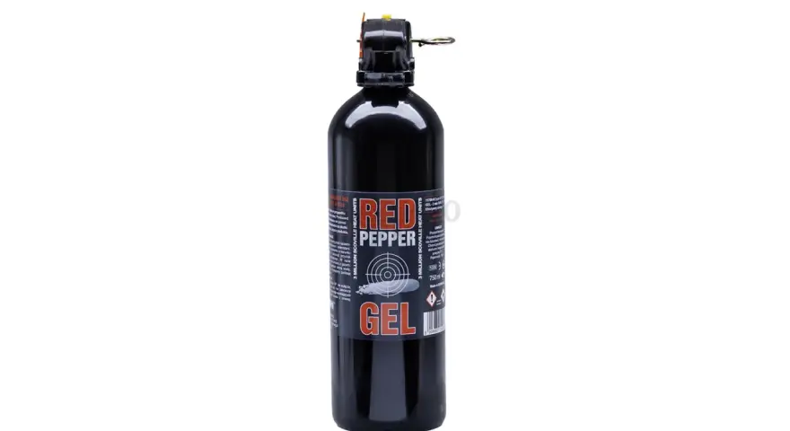Czarny spray z gazem pieprzowym "Red Pepper Gel" z etykietą i dyszą.