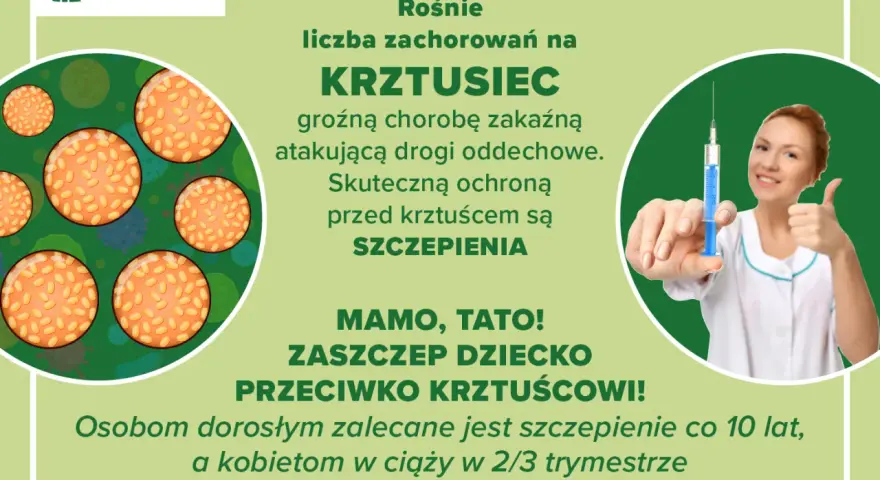 Grafika informuje o wzroście zachorowań na krztusiec. Zaleca szczepienia jako skuteczną ochronę. Pielęgniarka z uśmiechem pokazuje strzykawkę.