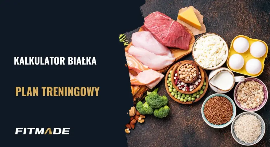 Kalkulator białka i plan treningowy. Różnorodne źródła białka: mięso, ryby, jajka, nabiał, rośliny strączkowe, płatki owsiane, ryż, kasza.