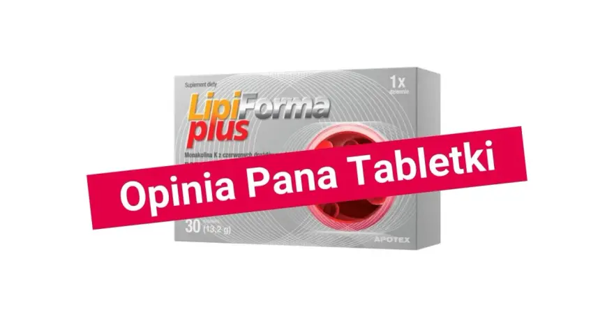 Opakowanie suplementu diety LipiForma plus z monakoliną K. Na pierwszym planie czerwony pas z napisem "Opinia Pana Tabletki".