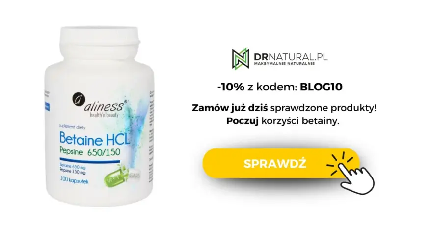 Suplement diety Betaine HCL Pepsine 650/150 od Aliness. Zamów już dziś i poczuj korzyści betainy. -10% z kodem BLOG10.