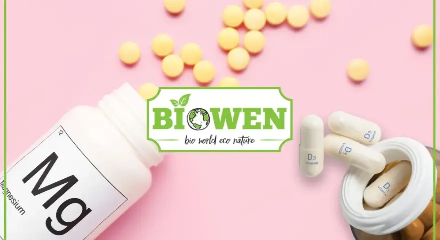 Biała butelka z magnezem, kapsułki z witaminą D3 i żółte tabletki. Logo "Biowen" sugeruje naturalne suplementy, być może zawierające kwas orotowy.