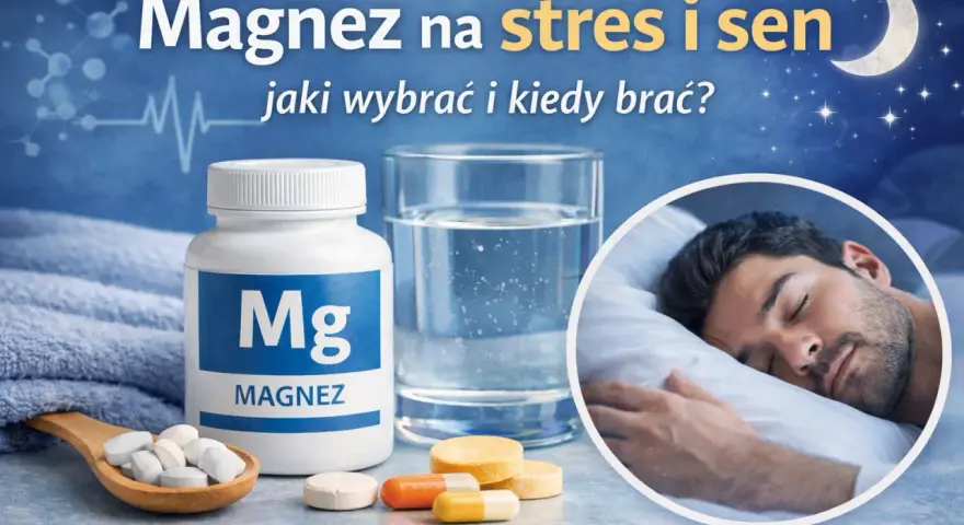 Magnez z witaminą B6 na stres i sen. Butelka magnezu, szklanka wody i śpiący mężczyzna.