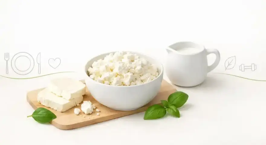 Twaróg w misce, na desce kawałki sera i listki bazylii. Zastanawiasz się, ile białka ma twaróg? To świetne źródło protein!