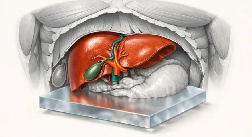 Anatomical illustration of a healthy liver, gallbladder, pancreas, and diaphragm. This ast norma shows the organs in their typical position.