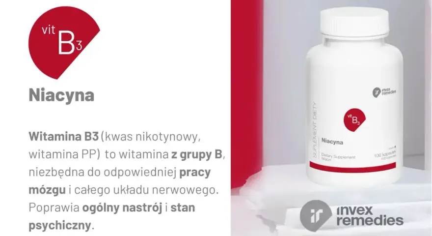 Niacyna, witamina B3, wspiera pracę mózgu i układu nerwowego, poprawiając nastrój. Opakowanie suplementu diety.