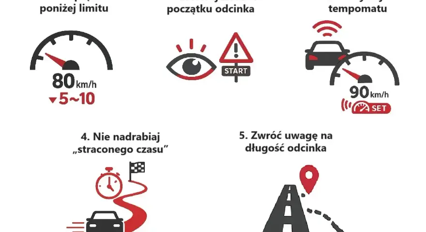 Instrukcja jak jechać zgodnie z odcinkowy pomiar predkosci: ustaw prędkość poniżej limitu, obserwuj znaki, korzystaj z tempomatu, nie nadrabiaj czasu, zwróć uwagę na długość odcinka.