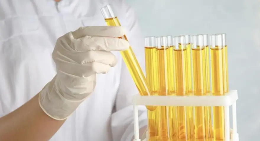 Ręka w rękawiczce laboratoryjnej trzyma probówkę z żółtym płynem. Obok stoi stojak z wieloma probówkami, zawierającymi ten sam płyn, być może roztwór cukru gronowego.