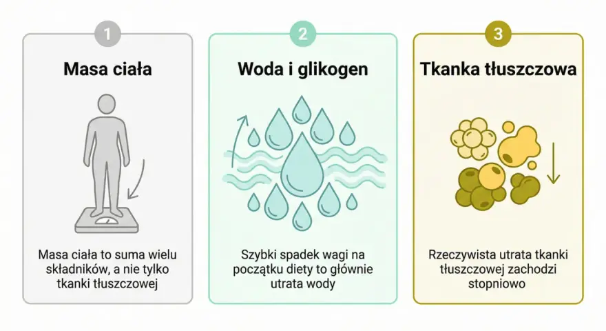 Masa ciała to suma składników, nie tylko tkanki tłuszczowej. Szybki spadek wagi to utrata wody, a rzeczywista utrata tkanki tłuszczowej w miesiąc zachodzi stopniowo.