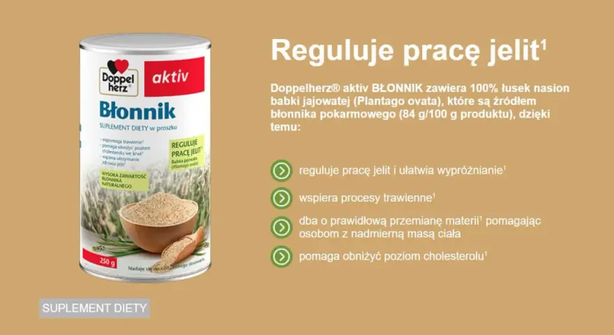 Doppelherz aktiv Błonnik z babki jajowatej reguluje pracę jelit. To naturalny błonnik pokarmowy, który wspomaga trawienie i ułatwia wypróżnianie.