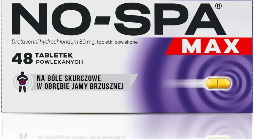 Opakowanie leku No-Spa Max na bóle skurczowe brzucha. Pomaga przy niestrawność objawy. 48 tabletek.