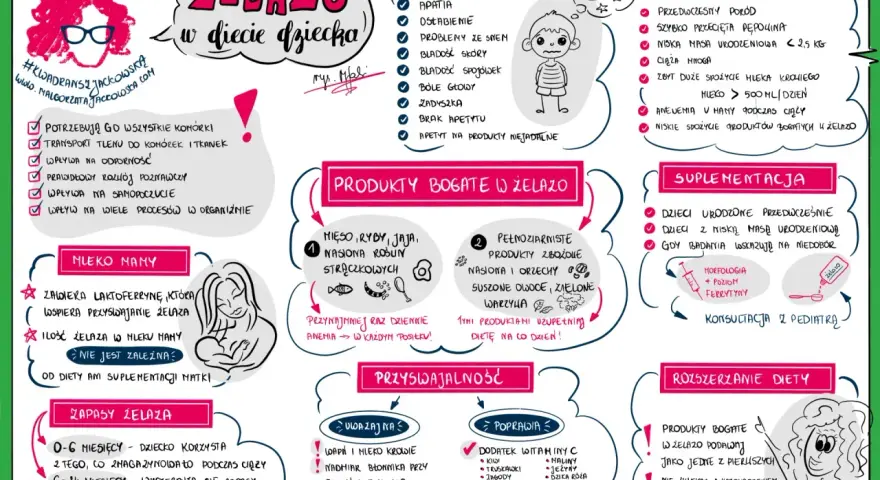 Żelazo w diecie dziecka: objawy niedoboru, produkty bogate w żelazo, suplementacja i czynniki ryzyka. Warto pamiętać o roli **garbników** w przyswajaniu żelaza.
