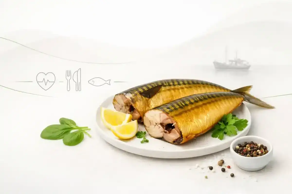 Dwie wędzone makrele na talerzu z cytryną i szpinakiem. Czy makrela wędzona jest zdrowa? Tak, to bogactwo omega-3.