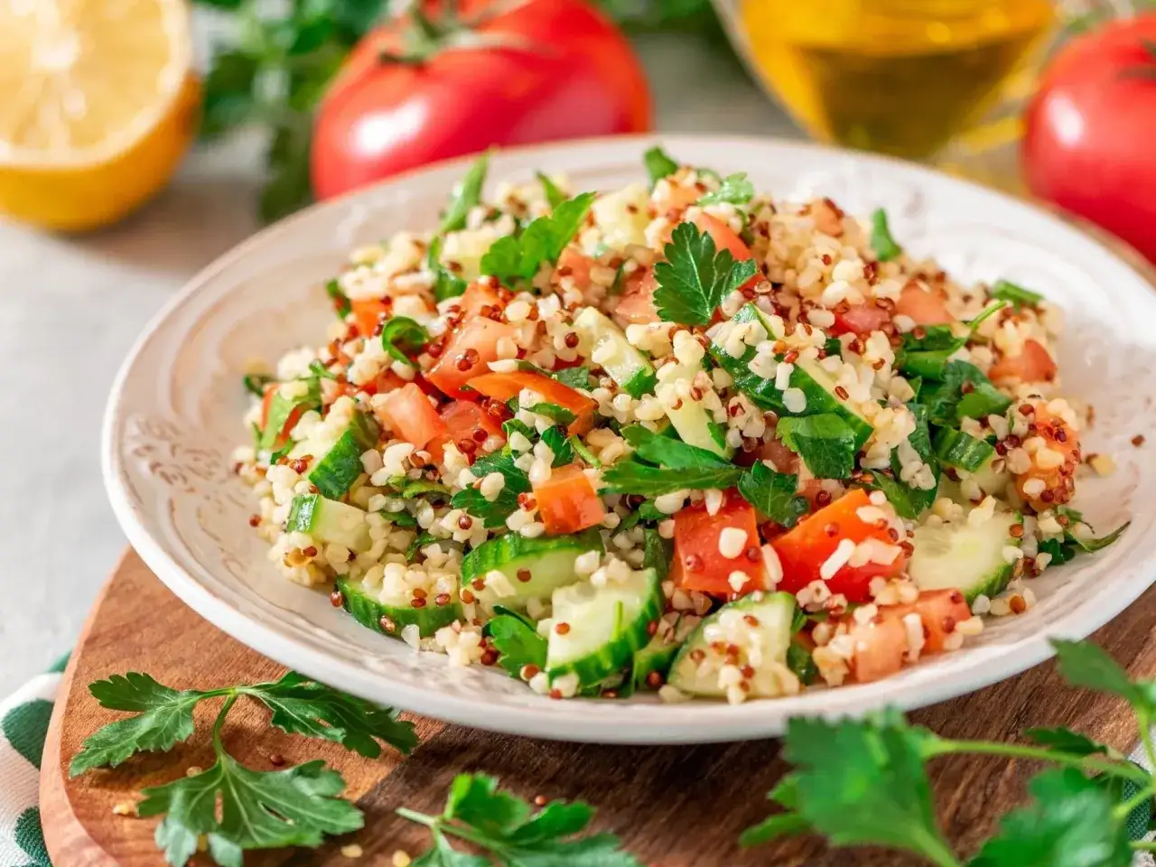 Sałatka z kaszy bulgur z pomidorami i ogórkiem. Kasza bulgur właściwości odżywcze czynią ją idealną bazą zdrowego posiłku.