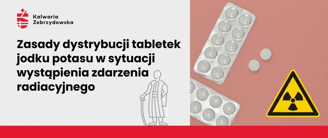 Zasady dystrybucji tabletek jodku potasu w sytuacji zdarzenia radiacyjnego. Blistry tabletek i symbol promieniowania.