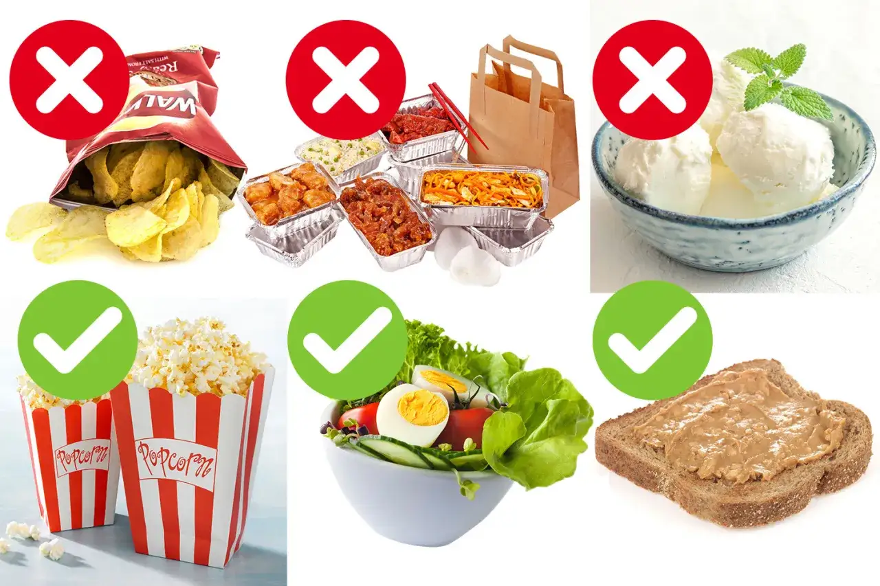 Co jeść na noc żeby schudnąć? Unikaj chipsów, fast foodów i lodów. Wybieraj popcorn, sałatkę z jajkiem i pieczywo z masłem orzechowym.