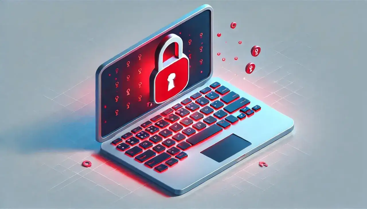 Laptop z czerwonym zamkiem na ekranie, symbolizującym bezpieczeństwo. Klawisze podświetlone na czerwono, sugerujące zagrożenie, jak keylogger.