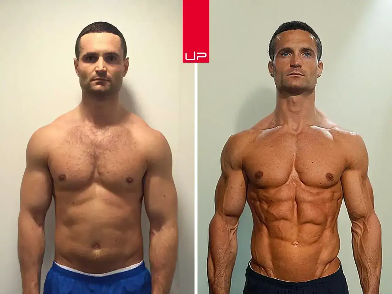 Przed i po: mężczyzna z widoczną skórą po schudnięciu 20 kg. Po lewej mniej umięśniony, po prawej z wyrzeźbionym brzuchem i ramionami.