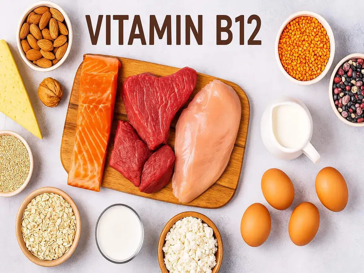 Witamina B12 na co? Zdjęcie pokazuje produkty bogate w witaminę B12: łososia, wołowinę, kurczaka, jajka, mleko, ser, orzechy, płatki owsiane i nasiona.