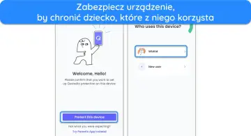 Ekran powitalny aplikacji Qustodio. Postać z kreskówki trzyma telefon. Wybierz "Wizkid", by chronić knykiec.